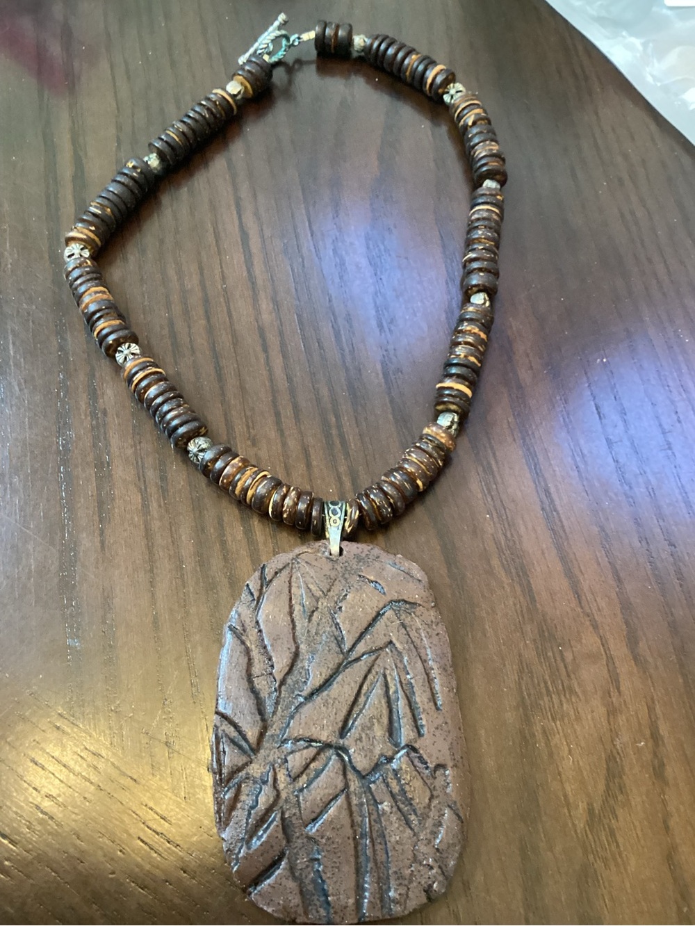 Handcrafted Brown Wood Bead Necklace with Carved Brown Pendant